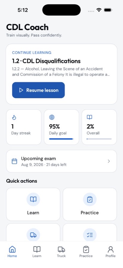 CDL Coach home screen with continue learning and study streak