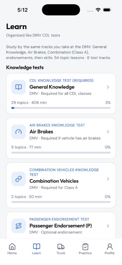 Learn tab with DMV-aligned CDL courses